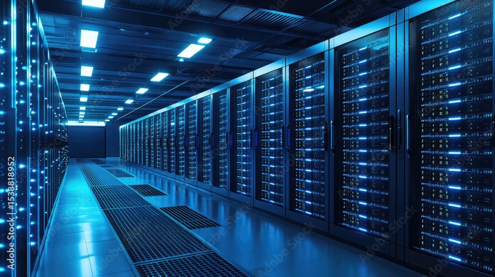 Leinwandbilder interior of a modern data center with blue-lit server racks lining both sides, ideal for cloud compu