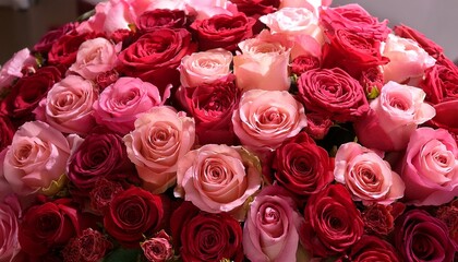 Fototapeta premium a lush display of pink and red roses densely packed together various shades create a vibrant and romantic floral arrangement
