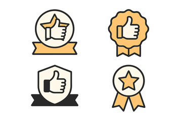 Vector illustrations of thumbs up symbols on award badges showcasing approval and recognition in designs