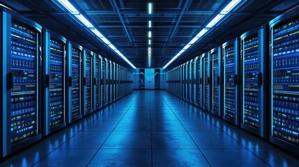 Modern data center with rows of illuminated server racks and blue ambient lighting, ideal for cloud infrastructure visuals, IT service ads, cybersecurity themes, and network management content