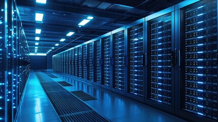 Interior of a modern data center with blue-lit server racks lining both sides, ideal for cloud computing visuals, cybersecurity themes, IT infrastructure ads, and high-tech storage network concepts