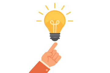 Bright idea symbolized by a light bulb and a pointing hand in a minimalist design