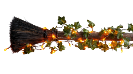 Broomstick decor wrapped in ivy and orange lights Transparent background, PNG file