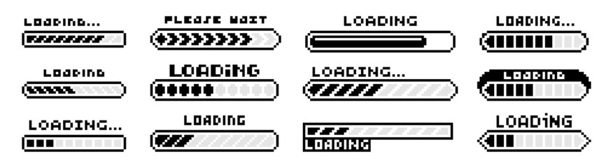 Pixel loading bars. Retro 8-bit progress indicators with "Loading" and "Please Wait" text in pixelated font. Game loading screens, progress bars and computer UI nostalgic elements vector se © fim.design