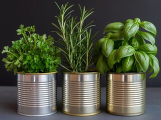 Three Herb Plants in Silver Cans Parsley Rosemary Basil