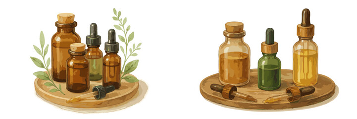 Bottles of essential oils and herbal extracts on a wooden tray with green leaves displayed in a natural setting