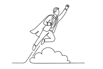 Businessman in a suit flying above the clouds as a superhero symbolizes ambition and success in the corporate world