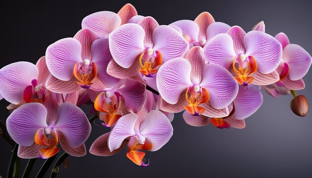 phalaenopsis orchid or phalaenopsis spp in full bloom displaying delicate light purple petals with a vibrant magenta and orange center the flowers form a dense elegant cluster