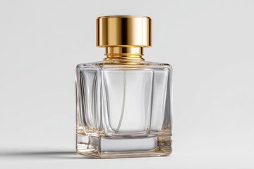 Empty glass perfume bottle with gold cap.
