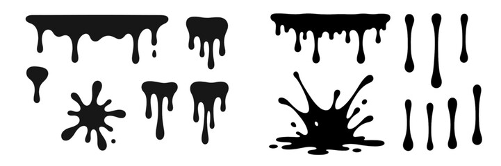 Black paint drips and splashes in various shapes arranged on a white background for artistic use