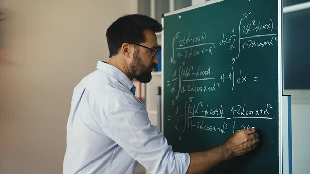 Male mathematician writing equations on chalkboard, scientific research