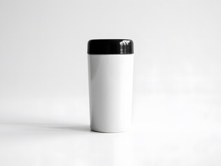 White Travel Mug with Black Lid on White Background