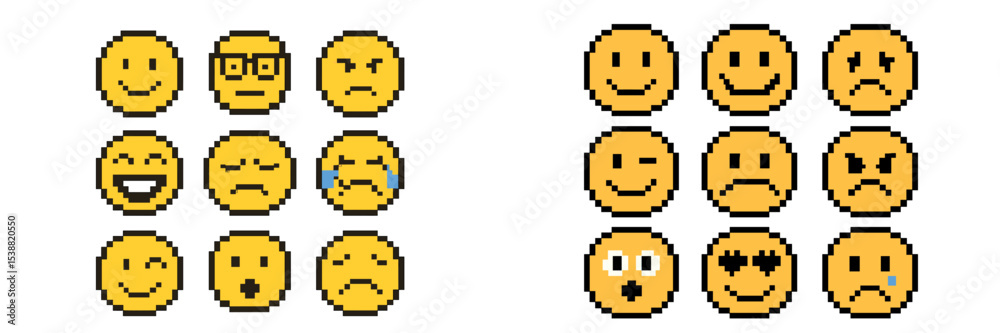 Poster various expressive emoticons displayed in a pixel art style showcasing a range of emotions and react