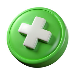 3d rendered medical sign of a white cross symbol on a round green button