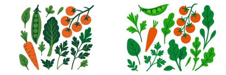 Colorful collection of fresh vegetables and greens arranged in a vibrant pattern for healthy living decor