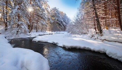 a small unfrozen river in a winter forest