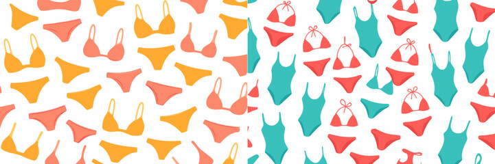Colorful bikini patterns displayed on a bright background, showcasing various styles and shades for summer fashion trends