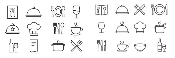 Collection of kitchen and dining related icons depicting culinary art and dining experiences