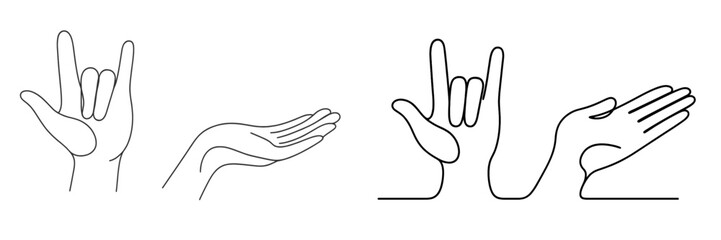 Different hand gestures representing love and communication in a simple line art style showcasing various poses