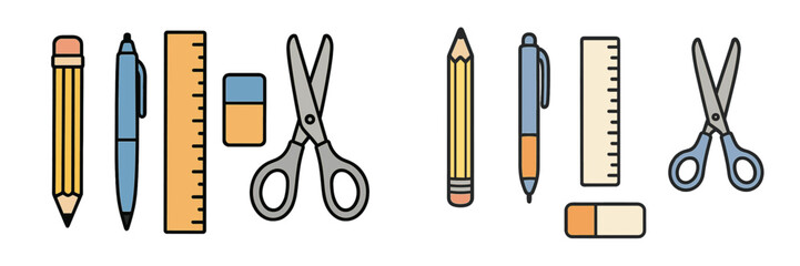 Stationery items including pencils, pens, scissors, and rulers arranged on a clean surface for educational use