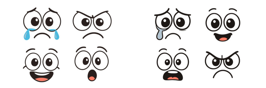 Various emotive expressions displayed by cartoon faces showcasing joy, sadness, surprise, and anger in simple designs