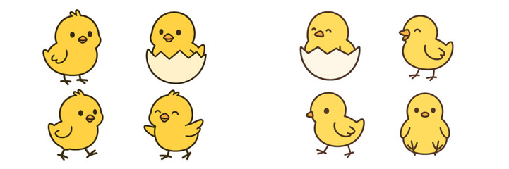 Cute yellow chicks in various postures celebrating springtime and new beginnings in a playful illustration