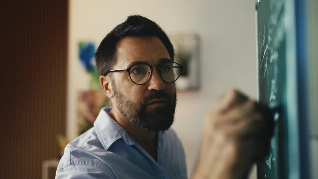 Excited scientist writing on chalkboard, discovering scientific breakthrough