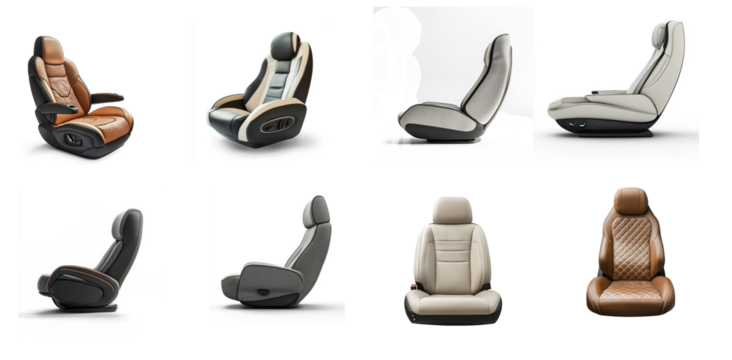 Collection of modern car seat with a built-in armrest, positioned upright, with the armrest slightly raised, set on a transparent background