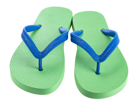 Green flip flops pair isolated on white, casual beach or summer footwear.
