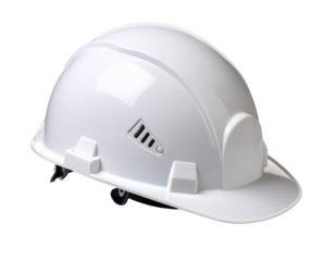 White hard hat isolated on white background, protective headgear for construction safety.