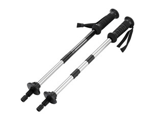 Pair of trekking poles isolated on white, hiking gear for balance and support.
