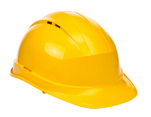 Fototapeta premium Yellow hard hat isolated on white, protective headgear for construction workers.