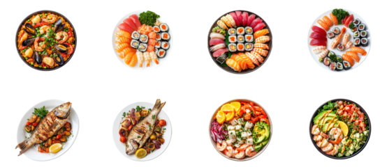 Collection of seafood paella, with plump shrimp, mussels, and clams cooked in saffron-infused rice, surrounded by vibrant bell peppers and peas. isolate on transparent background