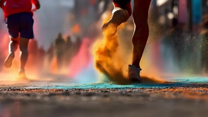 Runners sprinting through a colorful powder cloud during a vibrant street festival celebration
