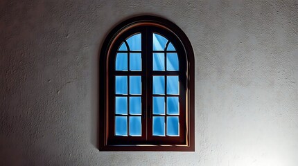 Fototapeta premium Arched window with a wooden frame fills the frame, set against a plain white wall.