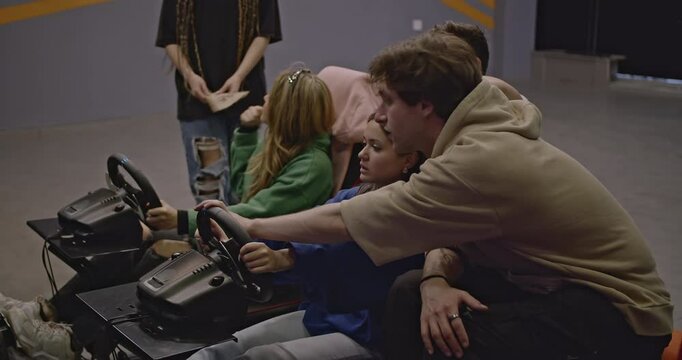 Friends enjoy driving simulators at an entertainment center, creating lasting memories and bonding over their love of racing games.