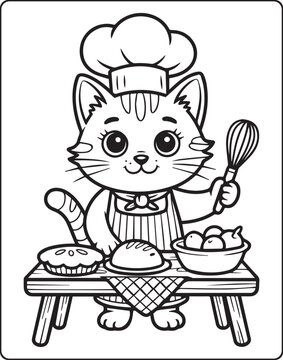 Naklejki A cute cat chef making foods in the kitchen outline vector for children coloring page design