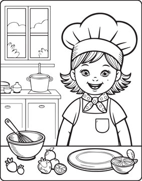 Naklejki A cute girl chef making foods in the kitchen outline vector for children coloring page design