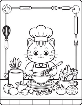 Naklejki A cute cat chef making foods in the kitchen outline vector for children coloring page design