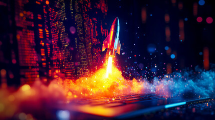 A dynamic rocket emanates powerful flames as it launches from a laptop screen, symbolizing a data explosion. Glowing binary code and digital streams create an electrifying, innovative atmosphere