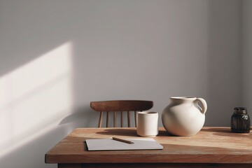Empty creative studio with wooden table and sketchpad
