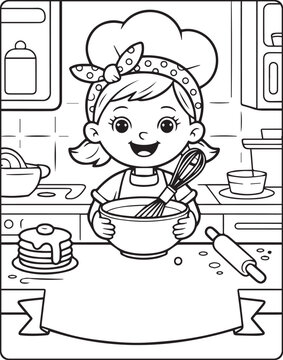 Naklejki A cute girl chef making foods in the kitchen outline vector for children coloring page design