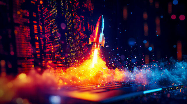 A dynamic rocket emanates powerful flames as it launches from a laptop screen, symbolizing a data explosion. Glowing binary code and digital streams create an electrifying, innovative atmosphere