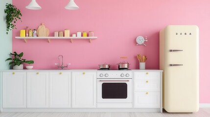 Maximalist dopamine decor in a retro-style kitchen with quirky elements
