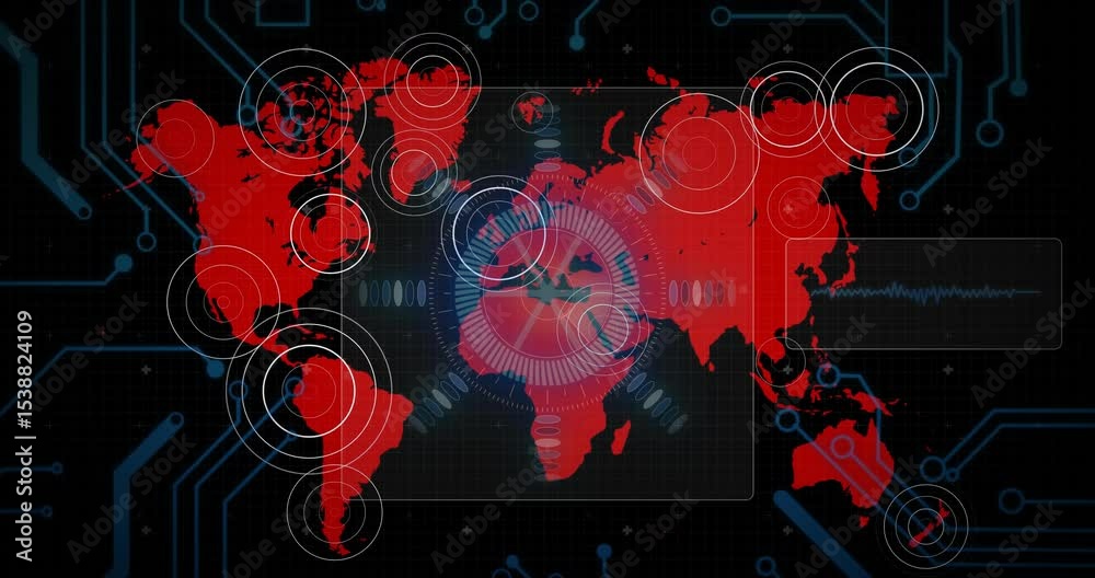 Poster On launch red world map appearing scanning overlay and pulsing rings visualizing network monitoring