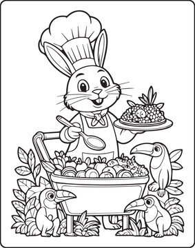 Naklejki A cute bunny chef making foods in the kitchen outline vector for children coloring page design
