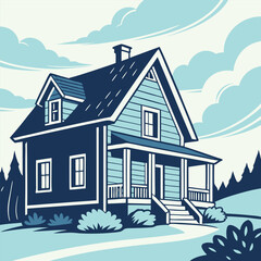 Cozy blue house with white trim and tiled roof vector illustration