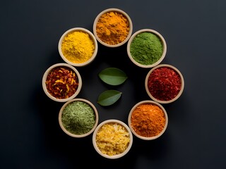 Nine Bowls of Colorful Spices Arranged in a Circle on Black Background
