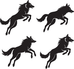 Wolf jumping black silhouette icon set