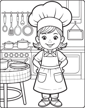 Naklejki A cute girl chef making foods in the kitchen outline vector for children coloring page design